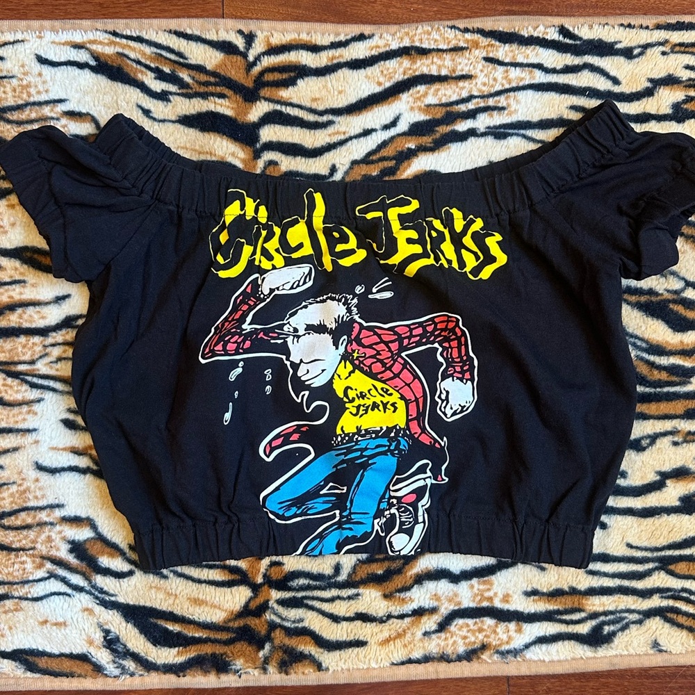 Black Off-Shoulder Crop Top with Graphic Print